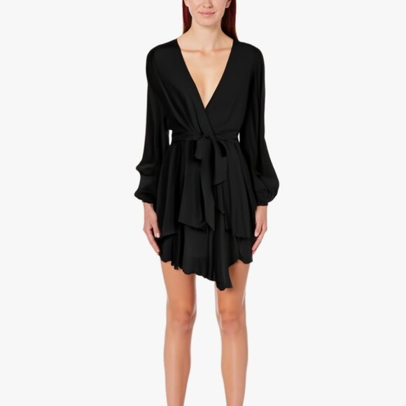 Black Chiffon V Neck Wrap Dress with Tie - Never Worn - Picture 1 of 4